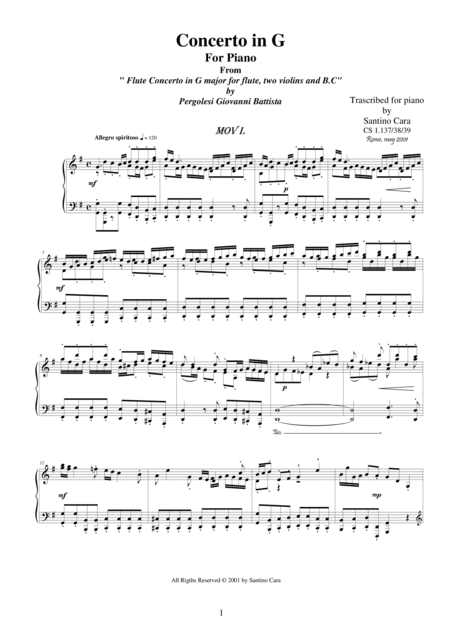 Pergolesi GB - Flute concerto in G - Complete Piano version (arr. Santino Cara)