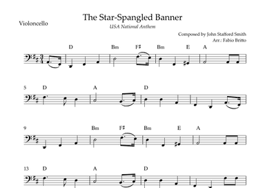 The Star Spangled Banner (USA National Anthem) for Cello Solo with Chords (D Major) (arr. Fabio Britto)