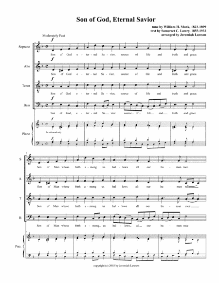 Son of God, Eternal Savior (Somerset C Lowry/William H Monk) arranged for SATB (arr. Jeremiah Lawson)