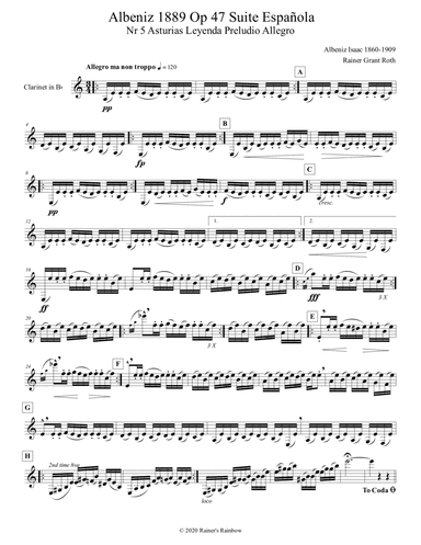 Albeniz 1889 Op 47 Suite Española Nr 5 Asturias Leyenda Preludio Allegro for Clarinet in Bb (arr. Rainer Grant Roth)