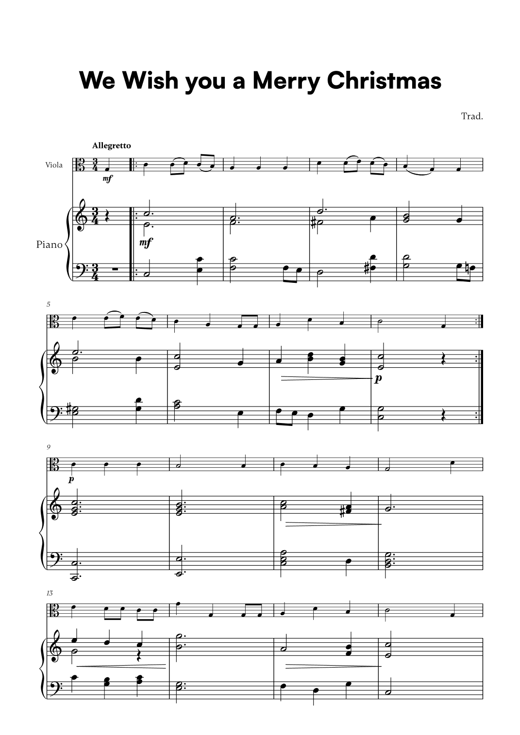 Trad. - We Wish you a Merry Christmas (for Viola and Piano) (arr. Cadenza Editions)