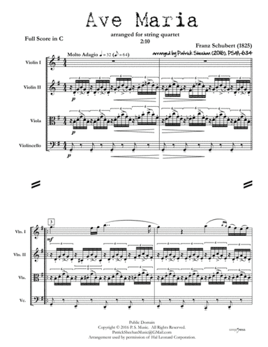 Ave Maria (Schubert) for string quartet (full score & set of parts) (arr. Patrick Sheehan)