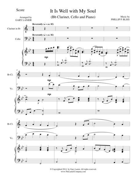 IT IS WELL WITH MY SOUL (Trio - Bb Clarinet, Cello, Piano with Score and Parts) (arr. Gary Lanier)
