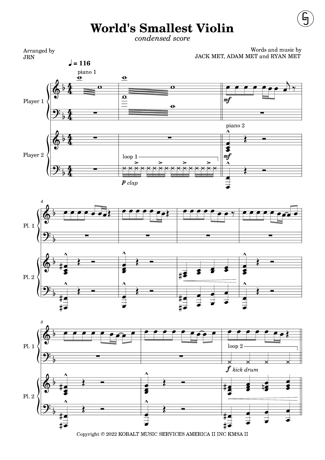 World S Smallest Violin (arr. JRN Piano Duo)