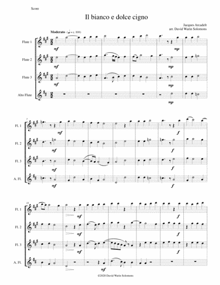 Il bianco e dolce cigno arranged for 3 flutes and alto flute (arr. David Warin Solomons)