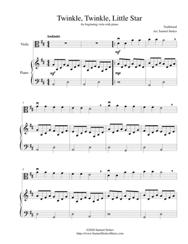 Twinkle, Twinkle, Little Star - for beginning viola with optional piano accompaniment (arr. Samuel Stokes)