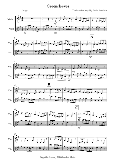 Greensleeves for Violin and Viola Duet (arr. David Burndrett)