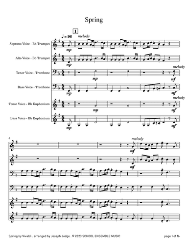 Spring by Vivaldi for Brass Quartet in Schools (arr. Joseph Judge)