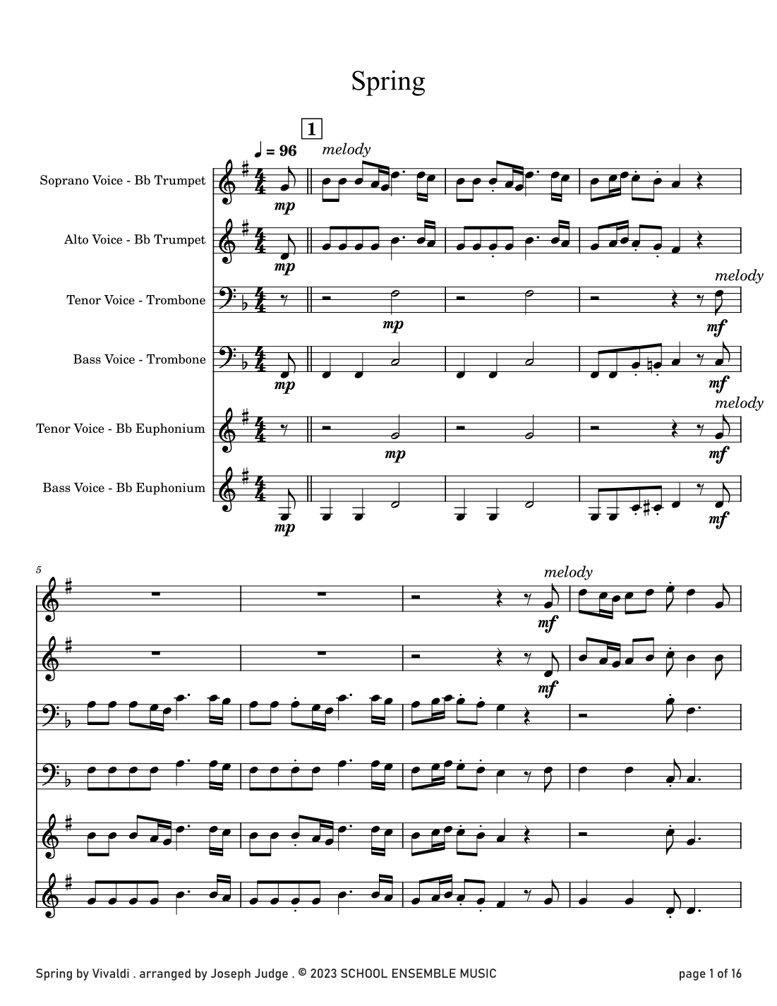 Spring by Vivaldi for Brass Quartet in Schools (arr. Joseph Judge)