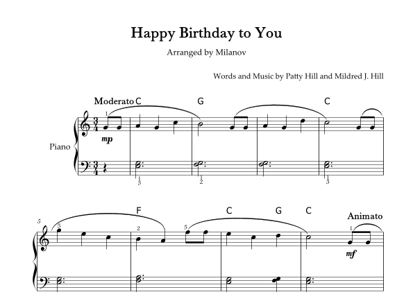 Happy Birthday to You Piano in C Easy Intermediate Chord Fingering (arr. Milanov)