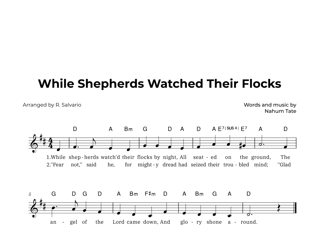 While Shepherds Watched Their Flocks (Key of D Major) (arr. R. Salvario)
