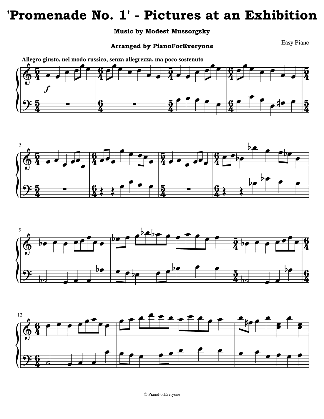 'Promenade No. 1' from Pictures at an Exhibition - Mussorgsky (Easy Piano) (arr. PianoForEveryone)