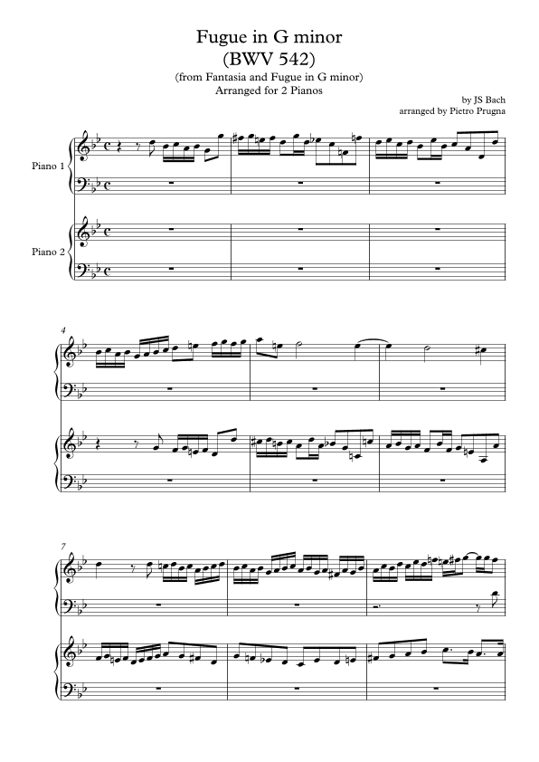 Fugue in G minor (BWV 542) (from "Fantasia and Fugue") by JS Bach - Arranged for 2 pianos (arr. Pietro Prugna)