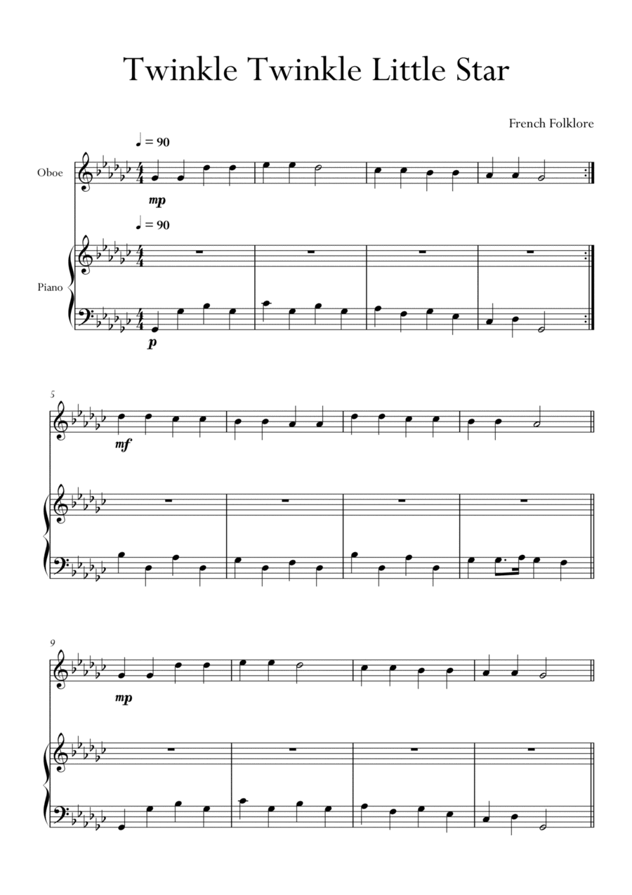 Twinkle Twinkle Little Star in Gb Major for Oboe and Piano. Very Easy. (arr. Matheus Araújo)