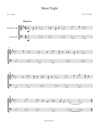 Silent Night carol for beginners sheet music for trumpet and cello (arr. Arezzo Music)