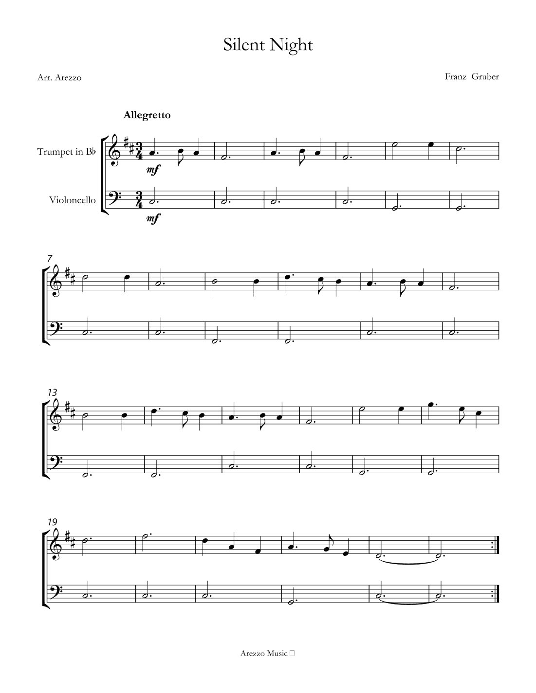 Silent Night carol for beginners sheet music for trumpet and cello (arr. Arezzo Music)
