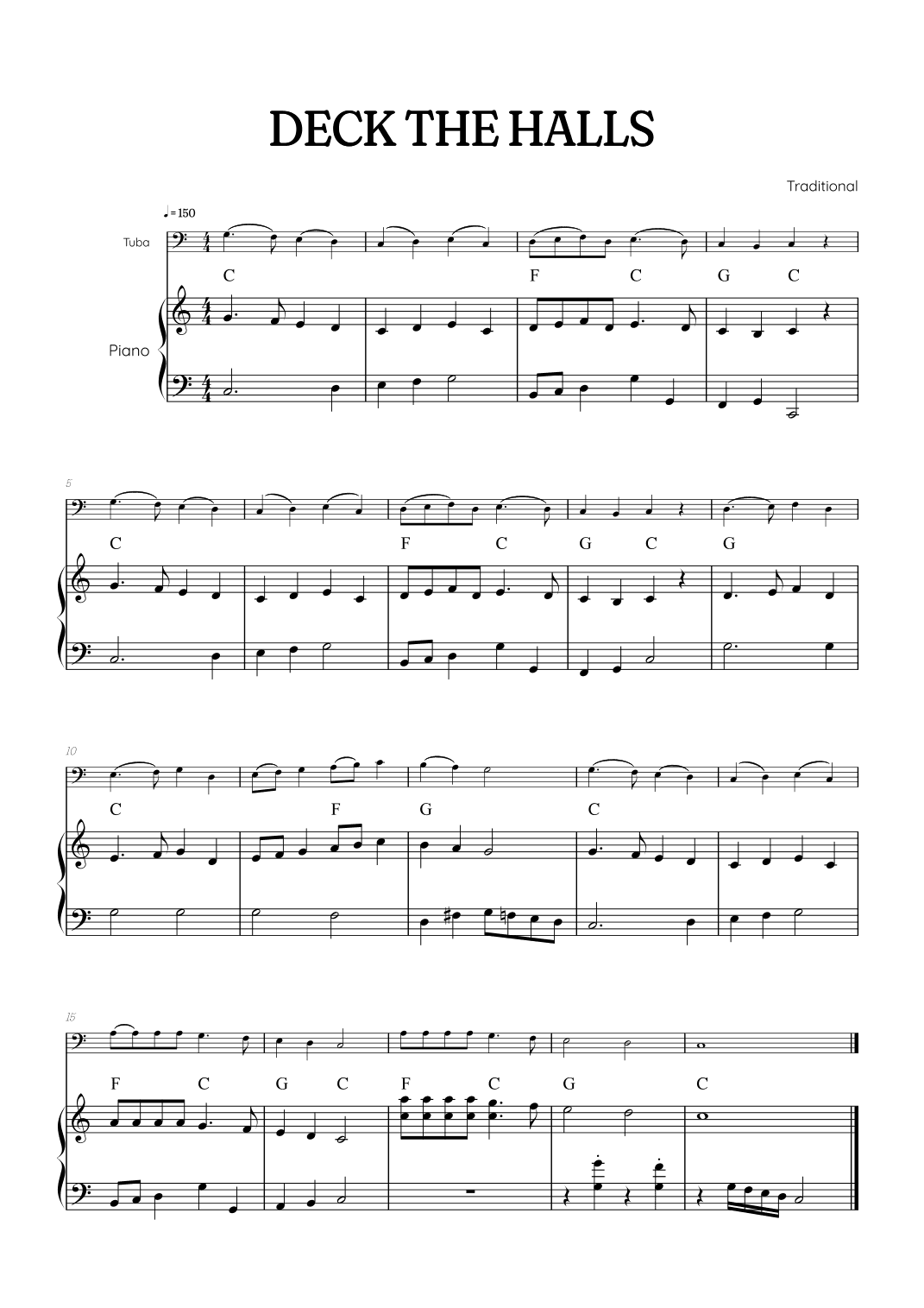 Deck the Halls for tuba with piano accompaniment • easy Christmas song sheet music with chords (arr. Benzaiten Editions)