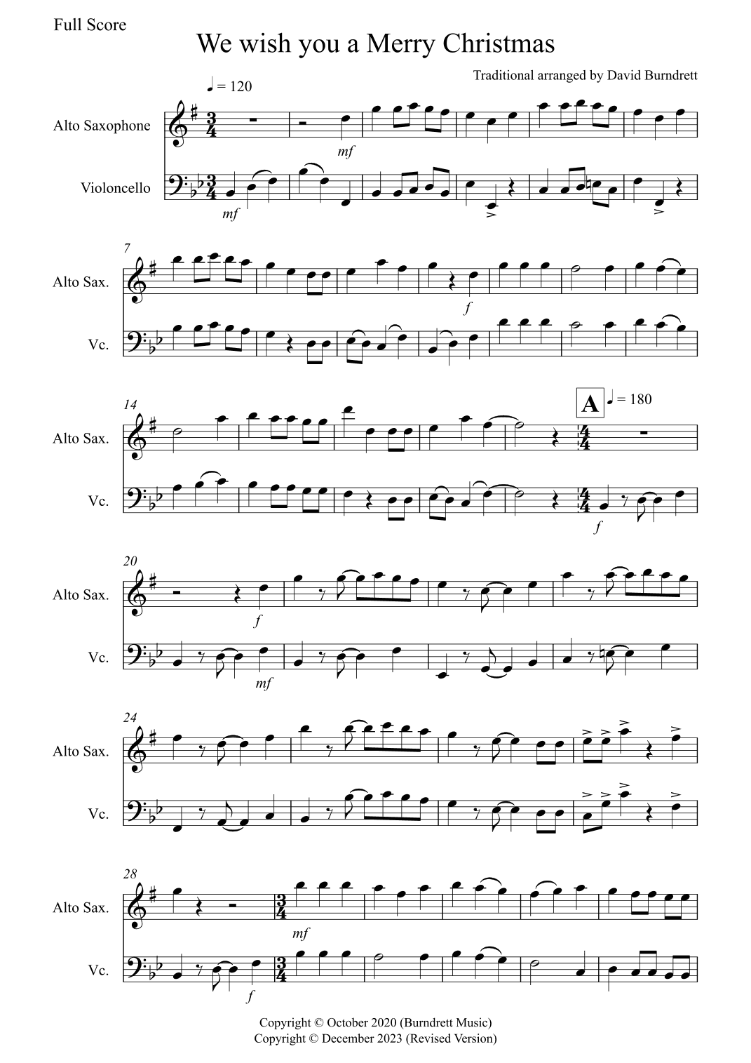 We Wish You a Merry Christmas for Alto Saxophone and Cello Duet (arr. David Burndrett)