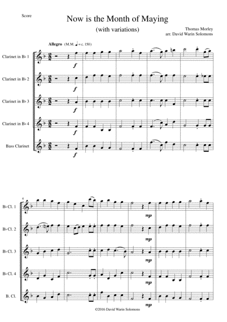 Now is the Month of Maying with variations for clarinet quintet (4 B flats, 1 Bass) (arr. David Warin Solomons)