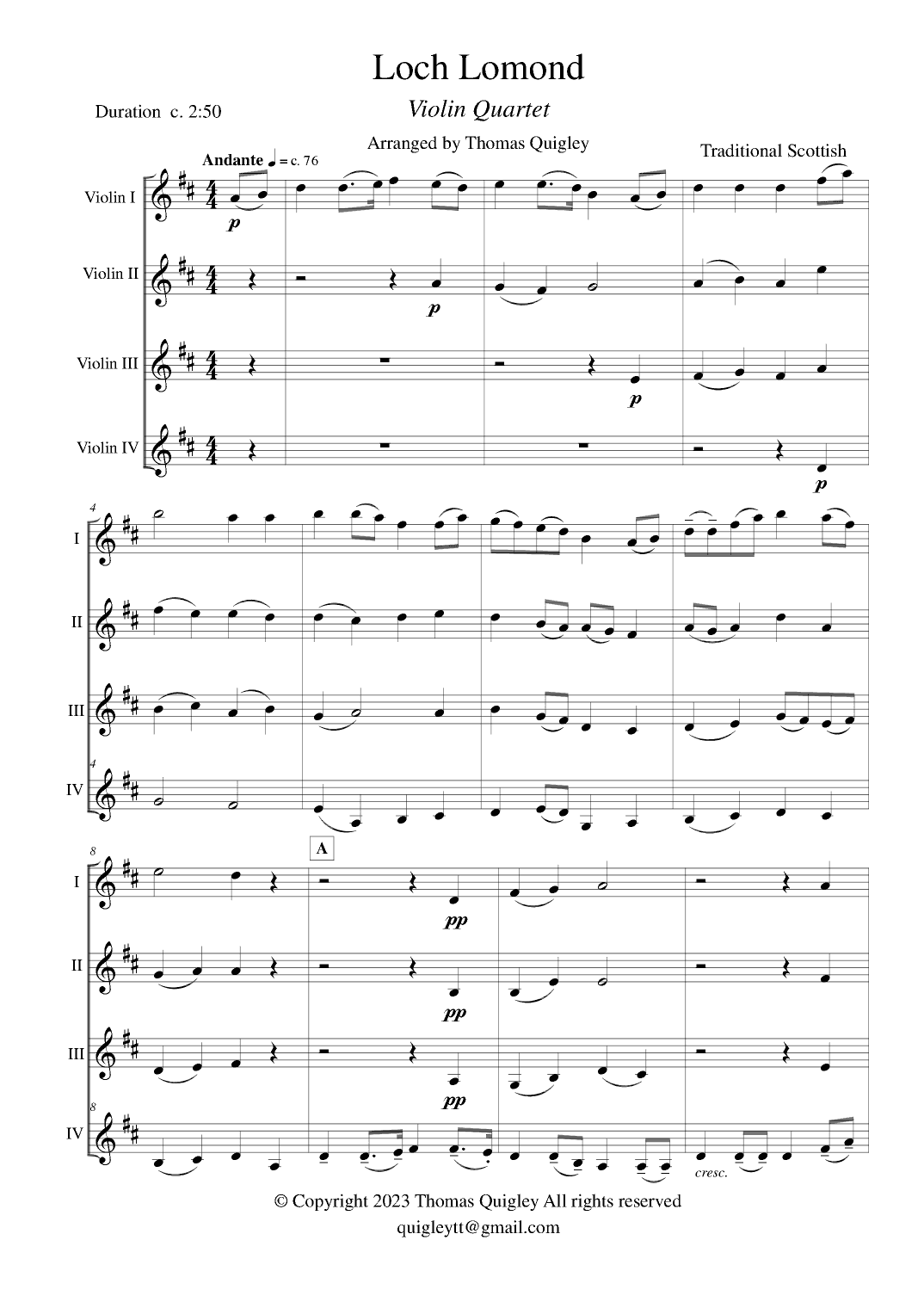 Loch Lomond (Violin Quartet) (arr. Thomas Quigley)