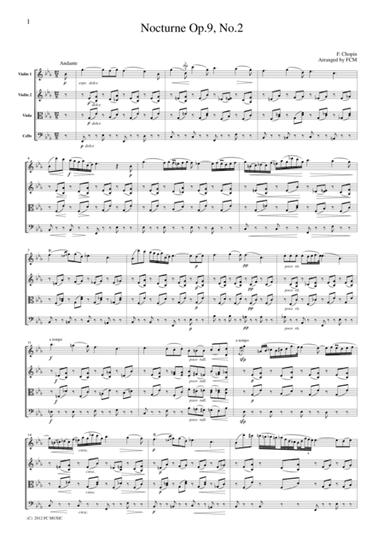 Chopin  Nocturne Op.9, No.2 , for string quartet, CC004 (arr. FCMUSIC)