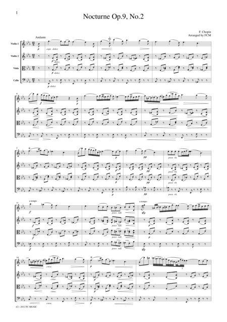 Chopin  Nocturne Op.9, No.2 , for string quartet, CC004 (arr. FCMUSIC)