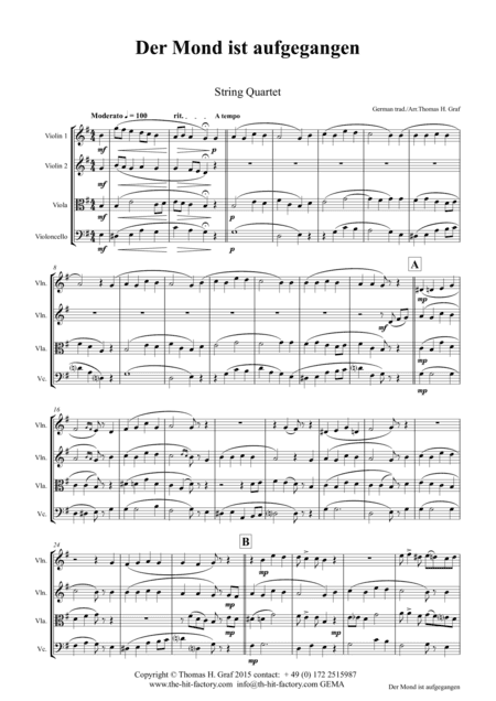Der Mond ist aufgegangen - German Folk Song - String Quartet (arr. Thomas H. Graf)