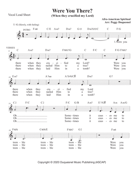Were You There? (When They Crucified My Lord) Vocal Key C - Db (arr. Duquesnel Music Publishing)