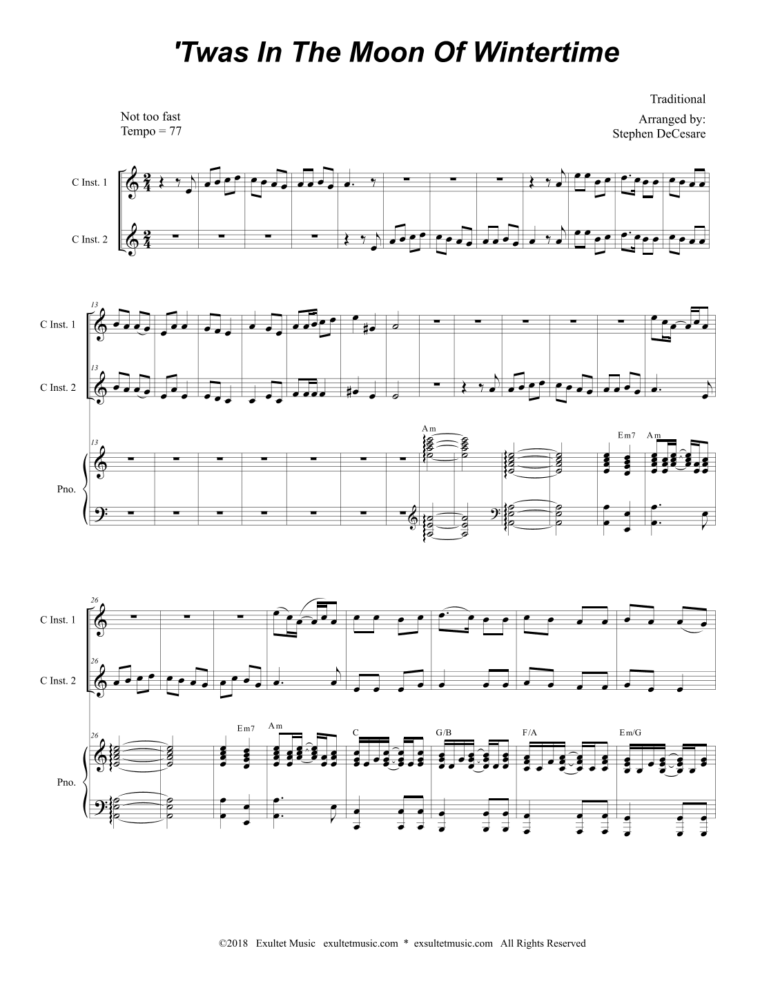 'Twas In The Moon Of Wintertime (Duet for C-Instruments) (arr. Stephen DeCesare)
