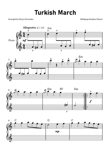 Turkish March by Mozart - Easy Piano for Beginners with Chords (arr. Glauco Fernandes)