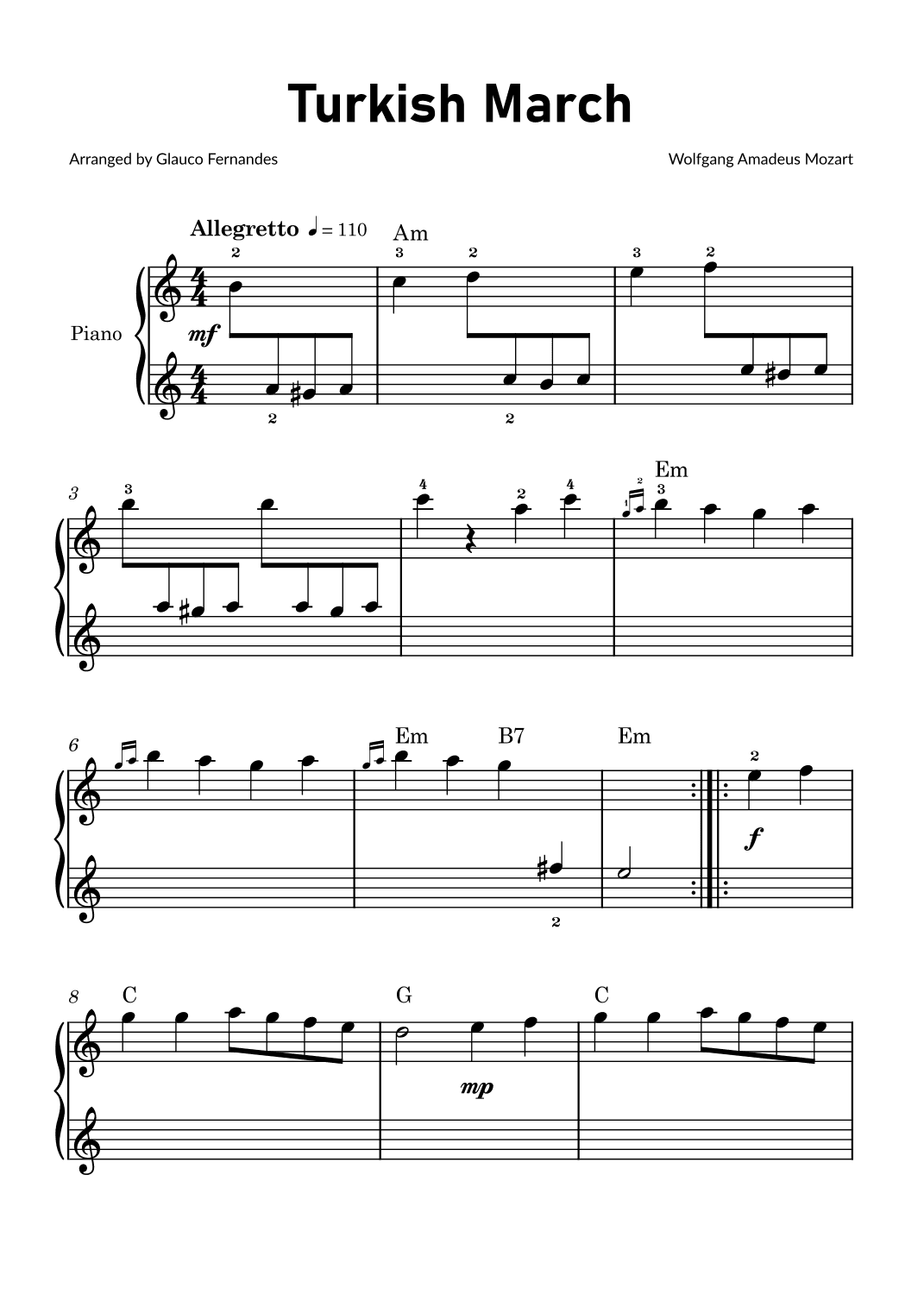 Turkish March by Mozart - Easy Piano for Beginners with Chords (arr. Glauco Fernandes)