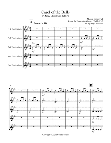 Carol of the Bells (F min) (Euphonium Quintet - Treble Clef) (arr. Regis Bookshar)
