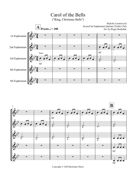 Carol of the Bells (F min) (Euphonium Quintet - Treble Clef) (arr. Regis Bookshar)