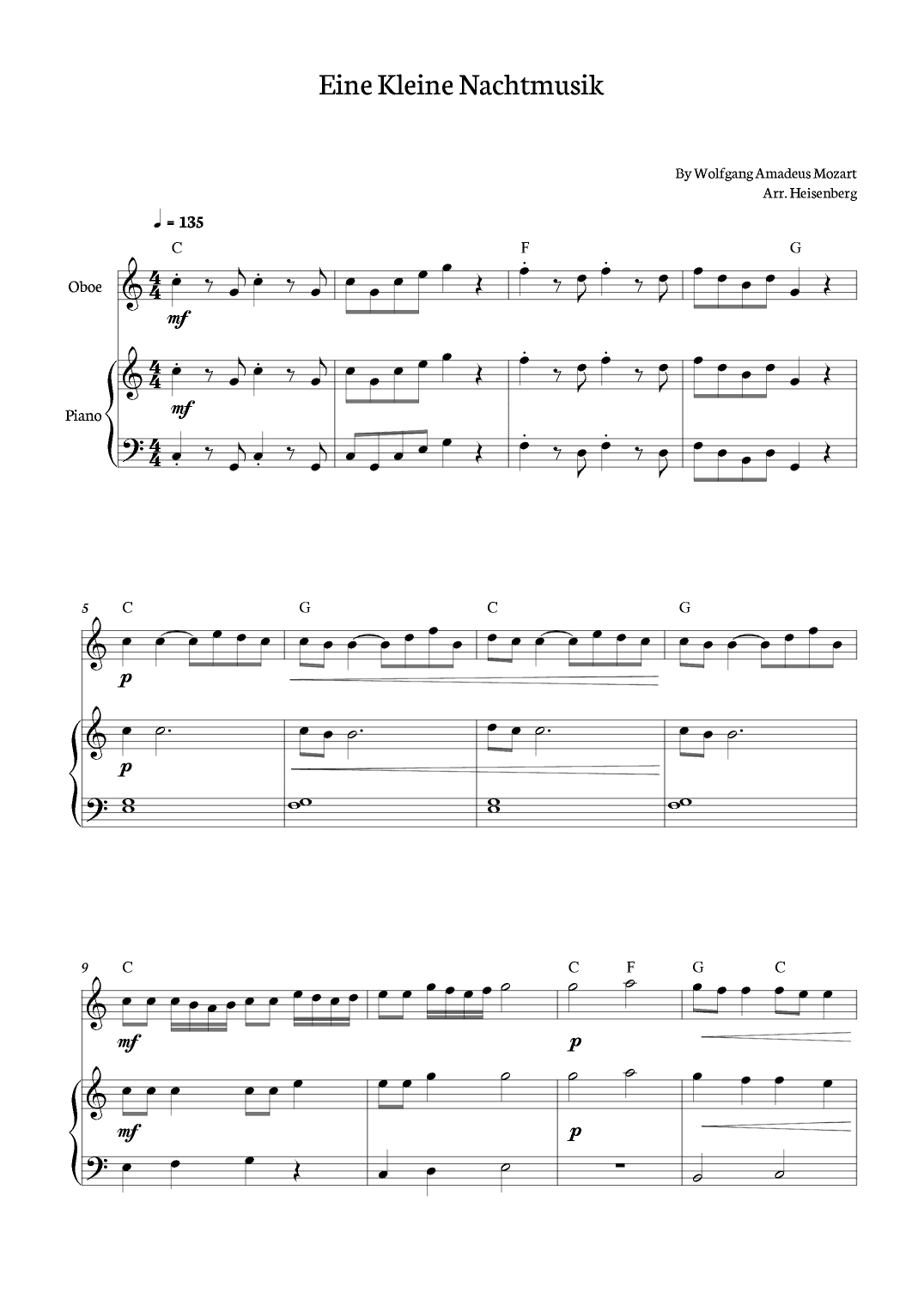 Mozart - Eine Kleine Nachtmusik for Oboe solo with piano and chords. (arr. Heisenberg)