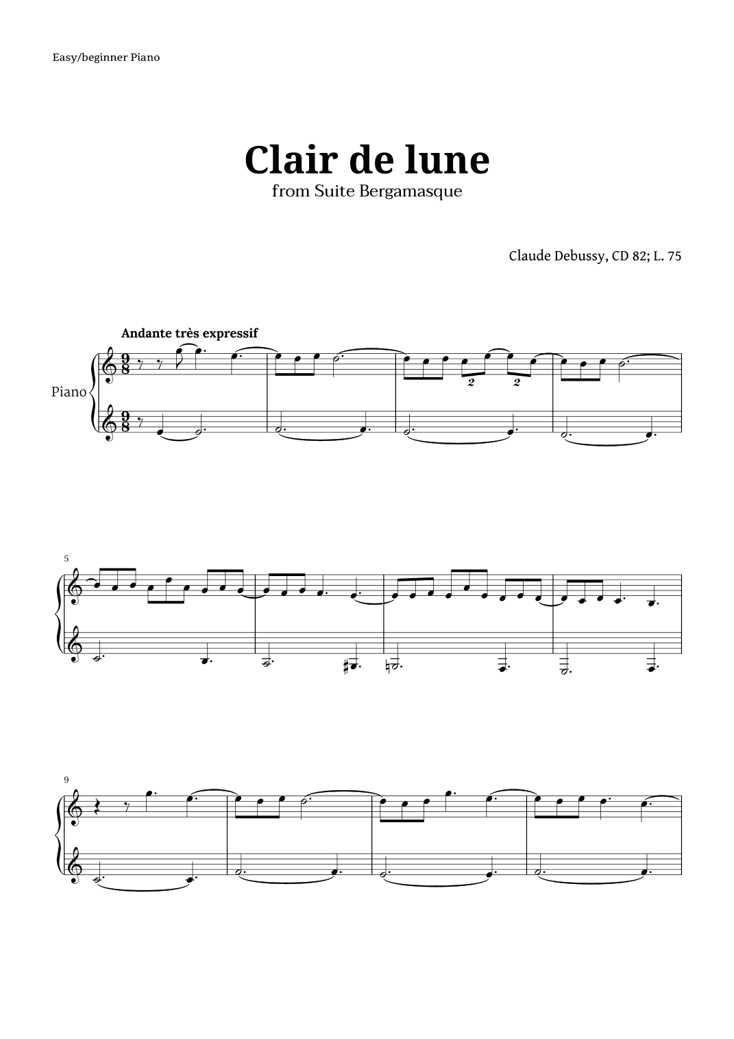 Clair de Lune by Debussy for Beginner Piano (arr. Langanho)