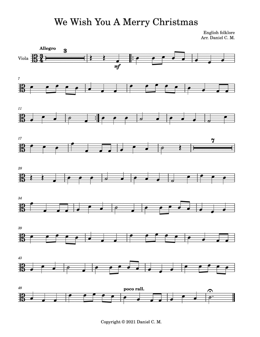 We Wish You A Merry Christmas for viola and piano (easy) (arr. Daniel C. M.)