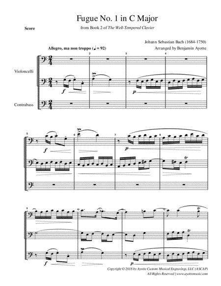 Fugue No. 1 in C Major (WTC Book 2) for String Trio (2 cellos and contrabass) (arr. Benjamin Ayotte)