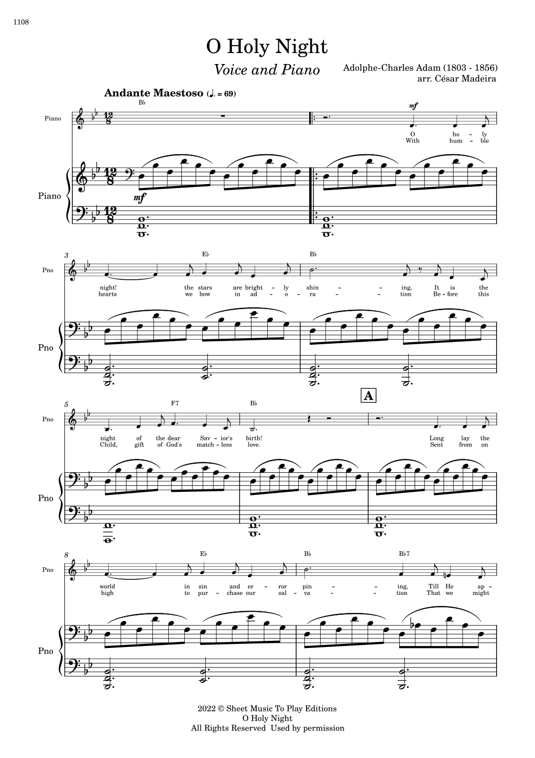 O Holy Night - Voice and Piano - Bb Major - W/Chords (Full Score and Parts) (arr. César Madeira)