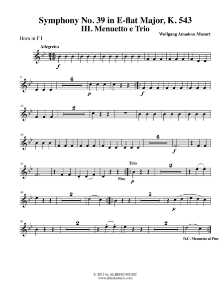 Mozart Symphony No. 39, Movement III - Horn in F 1 (Transposed Part), K. 543 (arr. Doug Clyde)