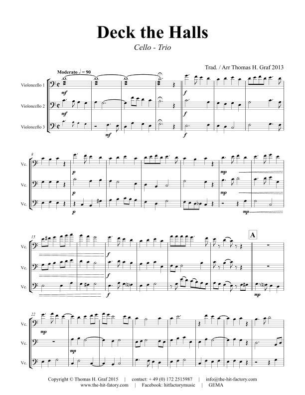 Deck the halls - Christmas Carol Polyphonic - Cello Trio (arr. Thomas Graf)