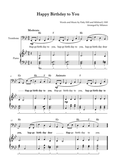 Happy Birthday to You | Trombone | B-flat Major | Piano accompaniment | Pedal | Chords | Lyrics (arr. Milanov)