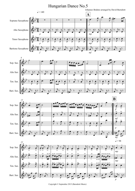 Hungarian Dance No.5 for Saxophone Quartet (arr. David Burndrett)