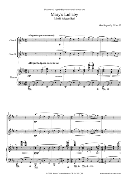 Mary's Lullaby, or Maria Wiegenlied - 2 Oboes and Piano (arr. Anne Christopherson GRSM ARCM)