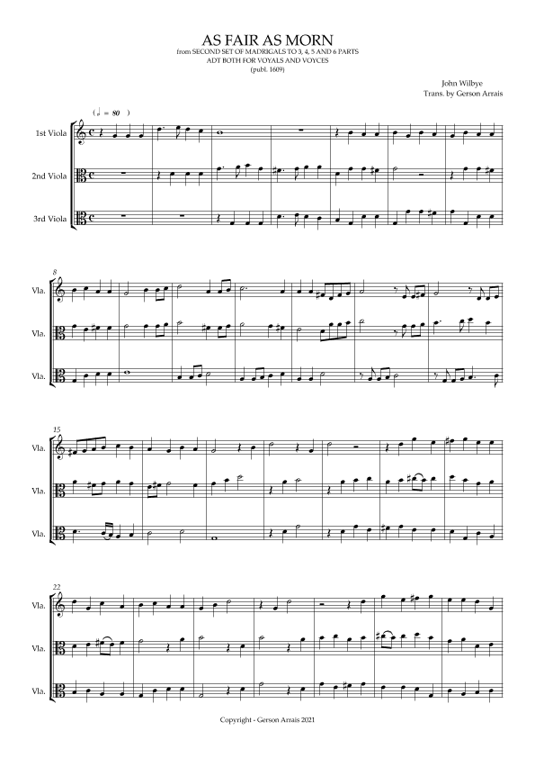 AS FAIR AS MORN - John Wilbye - Viola trio - Score and Parts (arr. Gerson Arrais)