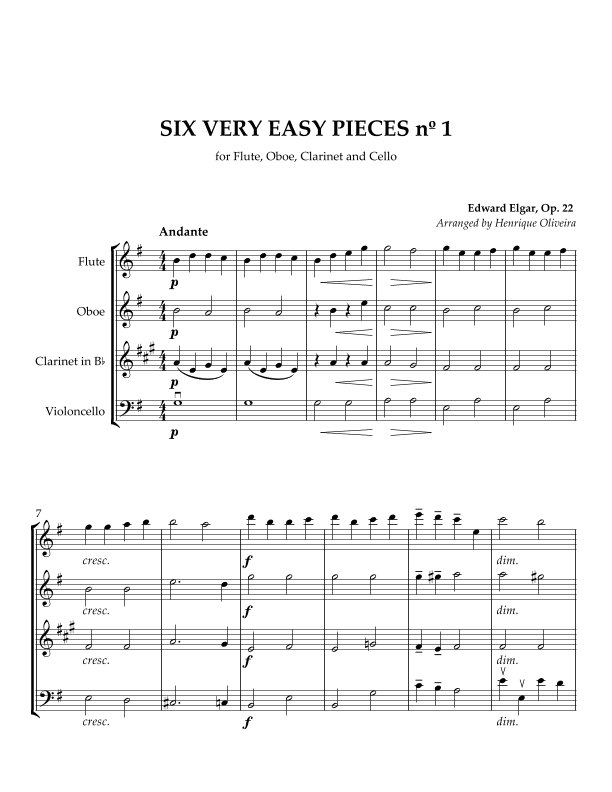 Six Very Easy Pieces nº 1 (Andante) - For Flute, Oboe, Clarinet and Cello (arr. Henrique Oliveira)