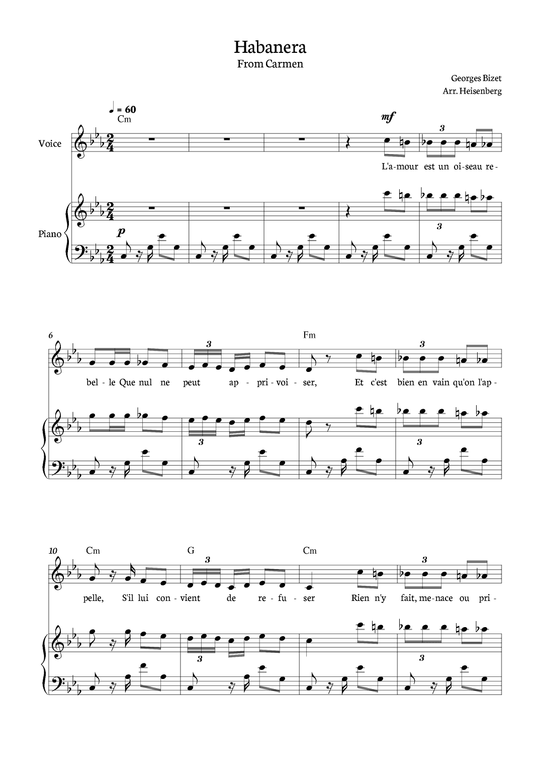 Habanera - Carmen for piano, chords and voice in C minor. (arr. Heisenberg)