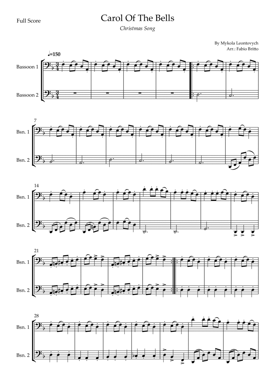 Carol Of The Bells (Christmas Song) for Bassoon  Duo (D Minor) (arr. Fabio Britto)