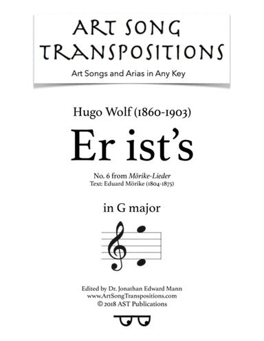 WOLF: Er ist's (transposed to G major) (arr. ArtSongTranspositions.com)
