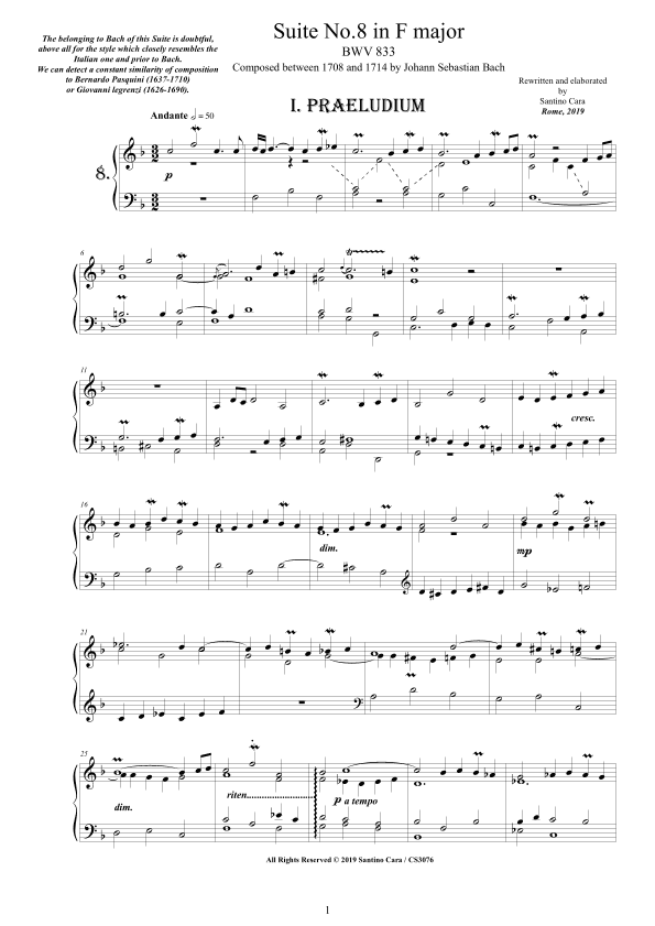 Bach - Piano Suite No.8 in F major BWV 833 - Complete Piano version (arr. Santino Cara)