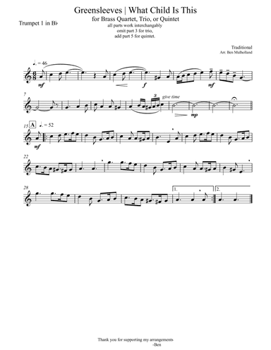 Greensleeves | What Child is This for Brass Trio, Quartet, or Quintet (arr. Ben Mulholland)